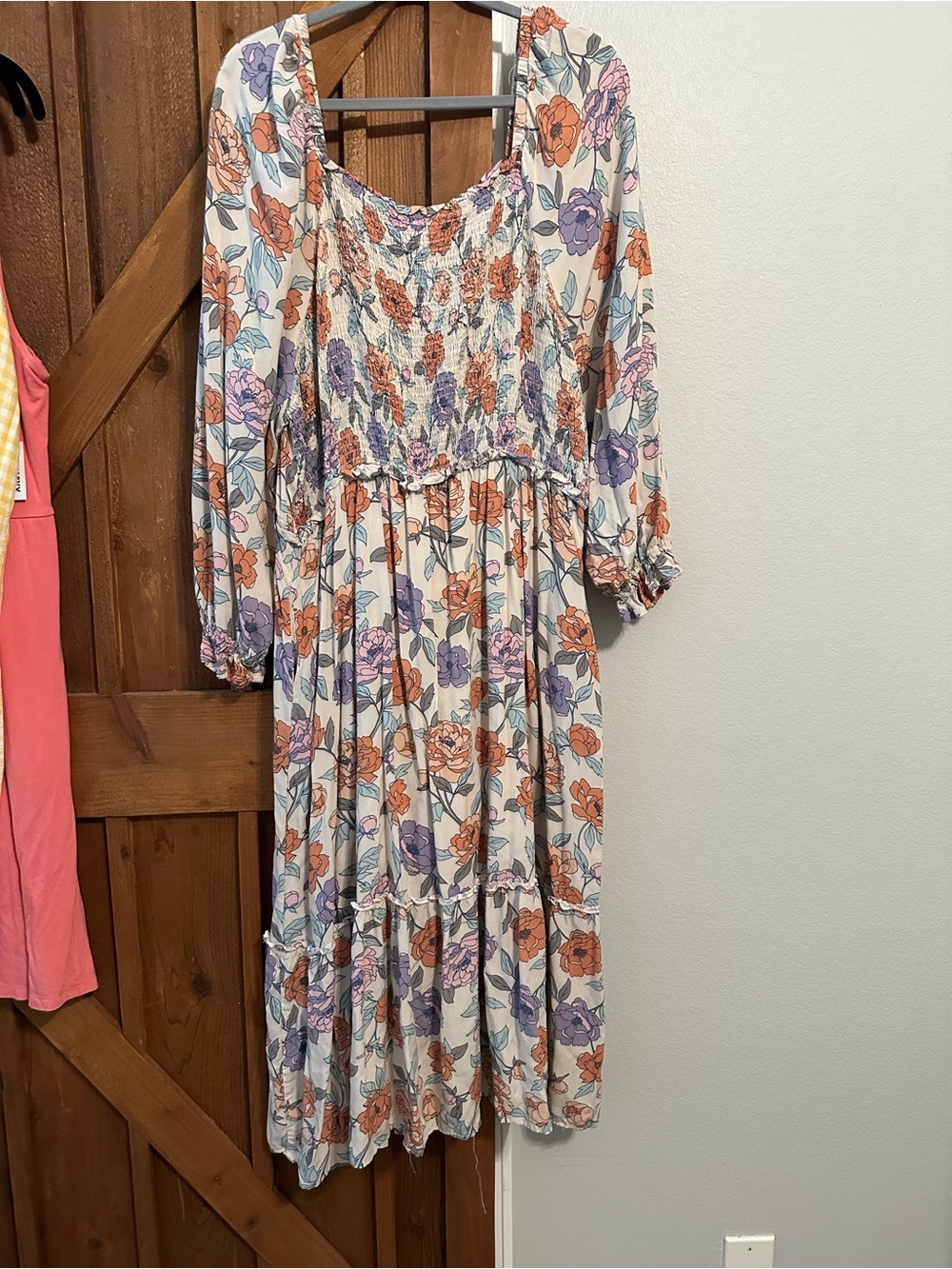 Floral Smocked Maxi Dress in Cream with Orange & Lavender Flowers